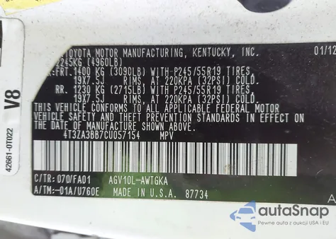 2012 Toyota Venza Le z USA, uszkodzony, nr VIN 4T3ZA3BB7CU057154